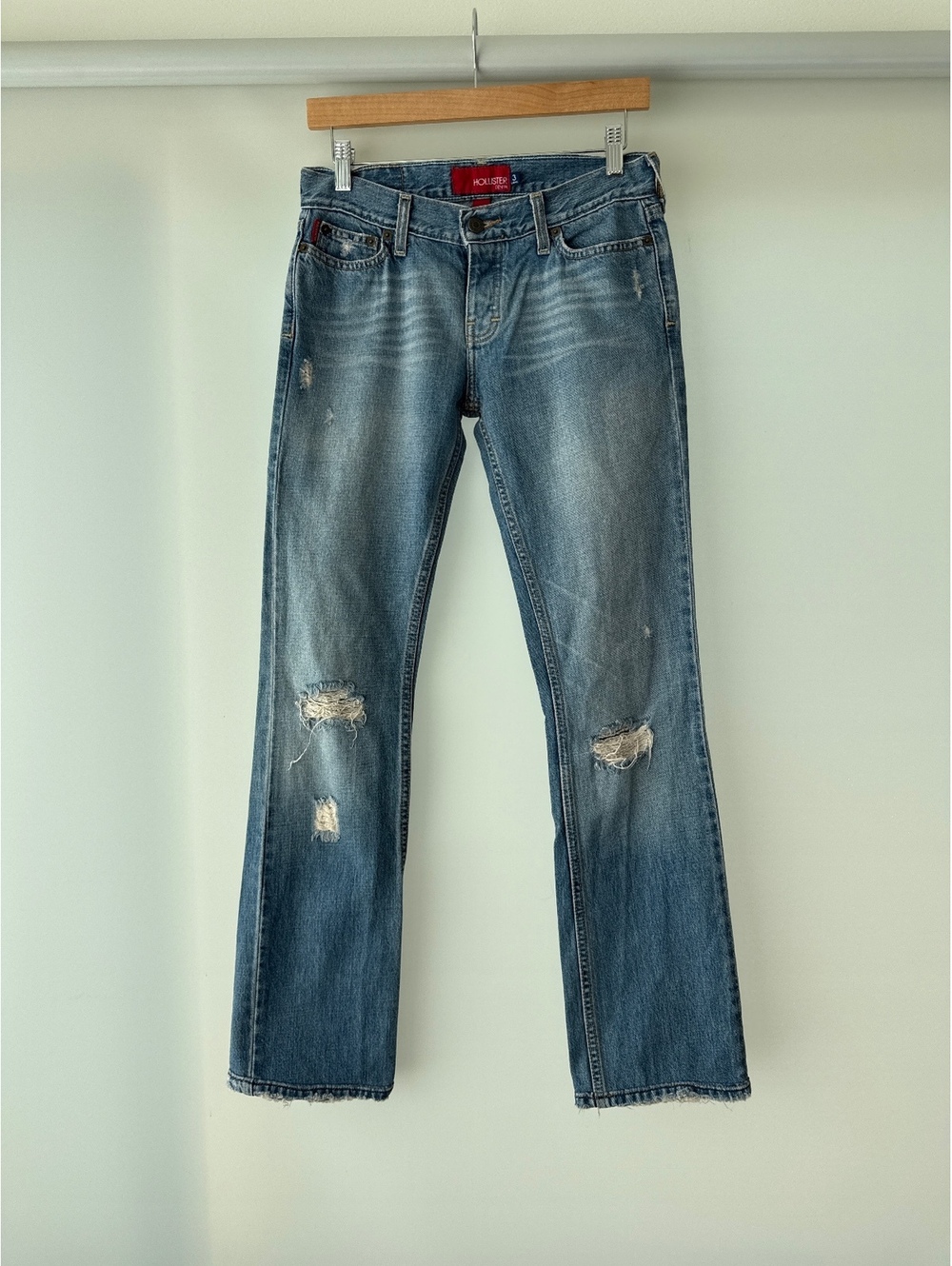 Hollister Womens 3 Long Distressed Bootcut Jeans Y2K Low Rise Medium Wash Denim